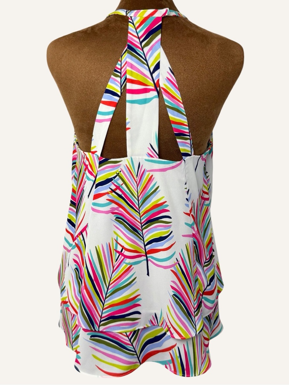 Colorful Tropical Palm Print High Neck Layered Tank Blouse Sleeveless Size S - Picture 3 of 12